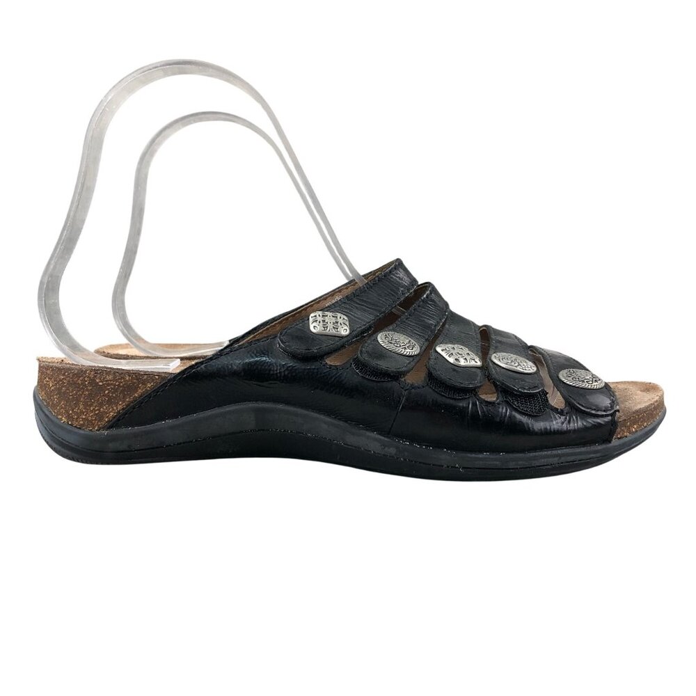 Dansko Womens Size 38 (7.5-8) Janie Black Leather Open Toe Strappy Slide Sandals
